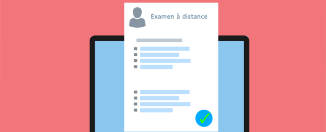 Illustration d'un laptop avec une feuille sur laquelle est écrit "examen à distance"