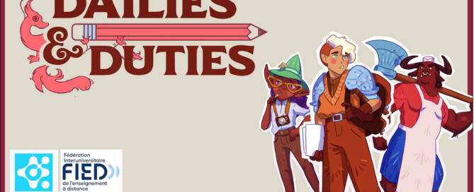 Titre : dailies and duties - 3 personnages sont à droite du titre.