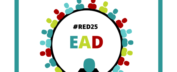 illlustration de personne de toutes les couleurs en cercle autour du texte "JT #RED25 EAD", représentant une salle de conférence en cercle