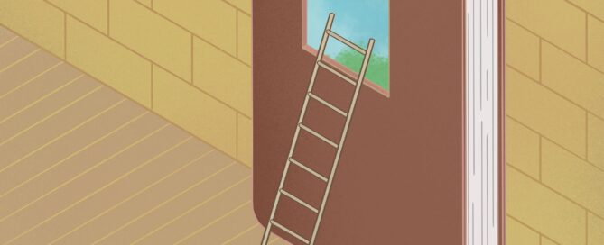 Mur de prison avec un libre géant et une échelle qui conduit à l'image sur la couverture du livre