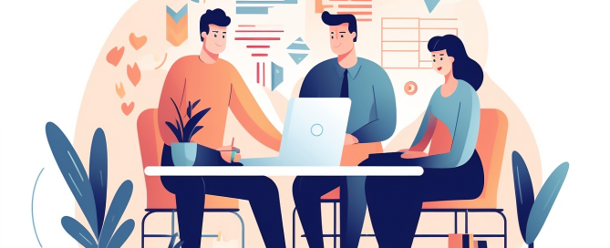 Illustration de 3 personnes autour d'un ordinateur