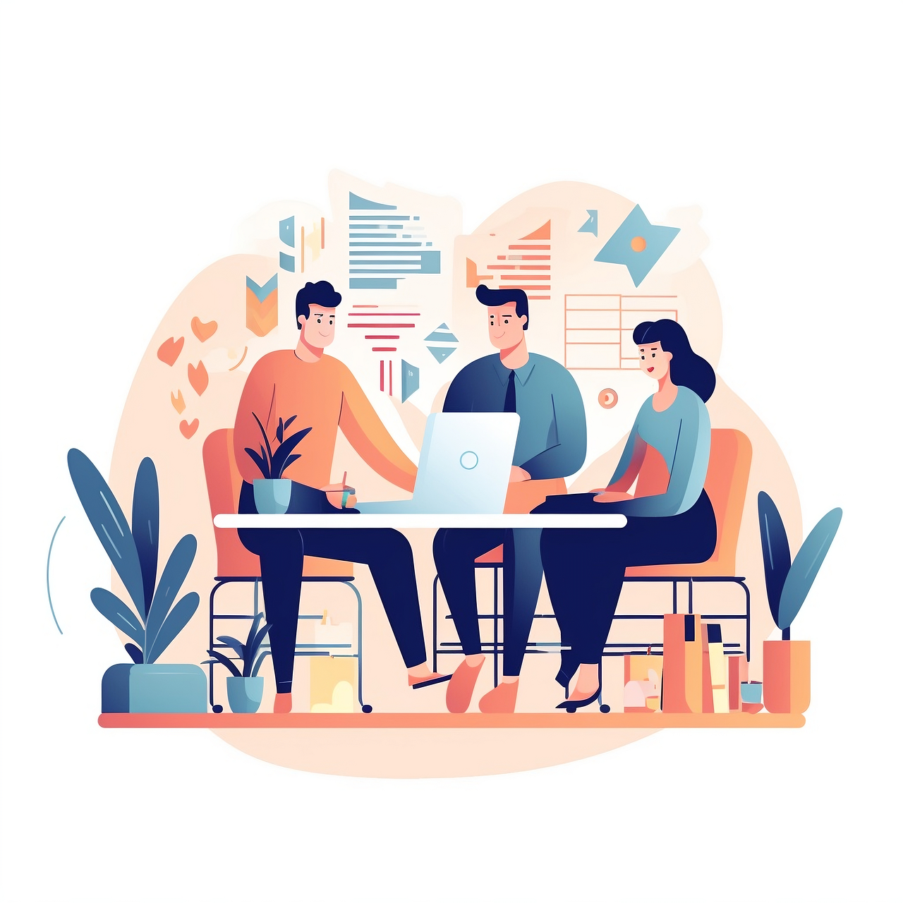 Illustration de 3 personnes autour d'un ordinateur